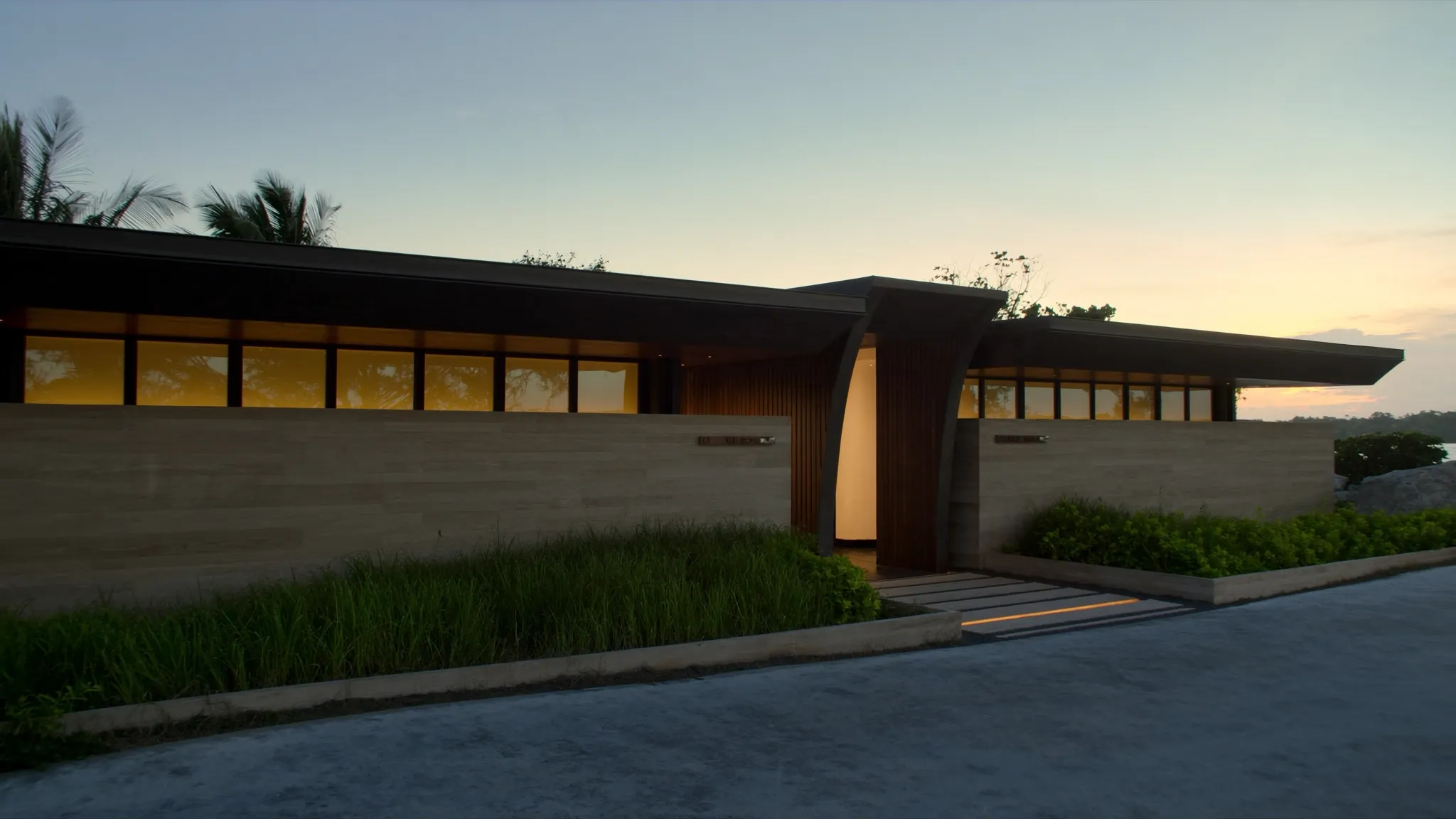 A single modern vacation home at dusk
